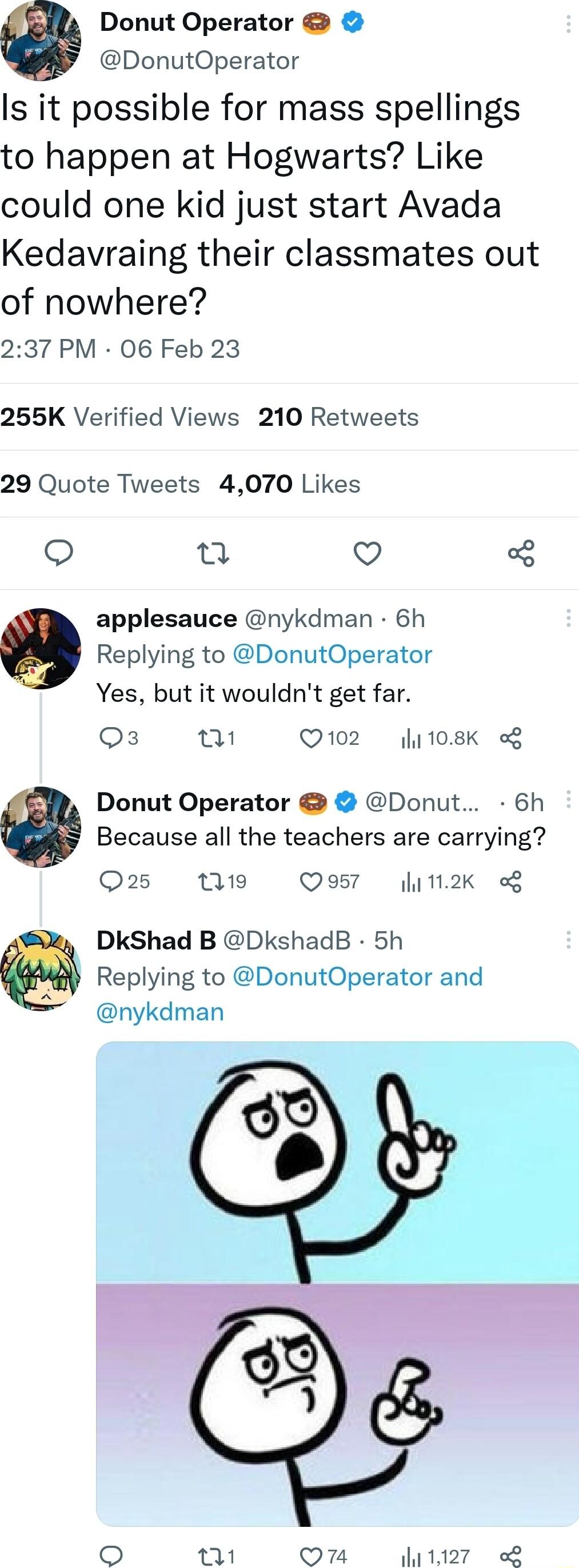 0 Donut Operator DonutOperator Is it possible for mass spellings to happen at Hogwarts Like could one kid just start Avada Kedavraing their classmates out of nowhere 237 PM 06 Feb 23 255K Verified Views 210 Retweets 29 Quote Tweets 4070 Likes o Q applesauce nykdman 6h Replying to DonutOperator Yes but it wouldnt get far Qs W Q102 1108K g Donut Operator Donut 6h Because all the teachers are carryin