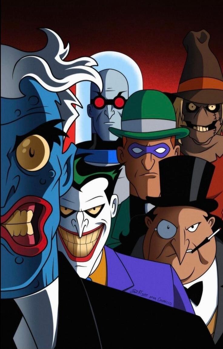 Sarat 2023 after Chiarello. An assembly of iconic Batman villains from the animated series, including Two-Face, Joker, Penguin, Riddler, Mr. Freeze, and Scarecrow.