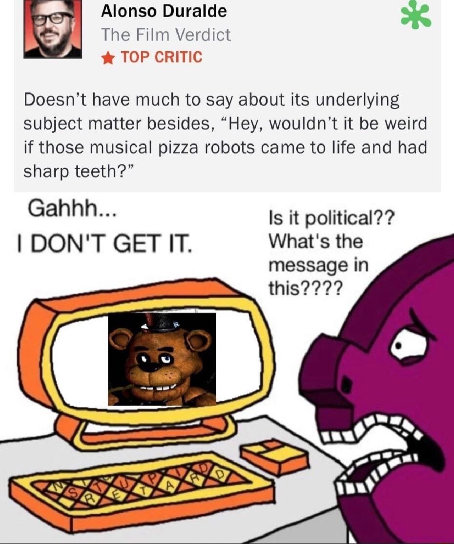 byey Alonso Duralde I k The Film Verdict TOP C Doesnt have much to say about its underlying subject matter besides Hey wouldnt it be weird if those musical pizza robots came to life and had sharp teeth RITIC Gahhh Is it political DONT GET IT Whats the message in this VS V