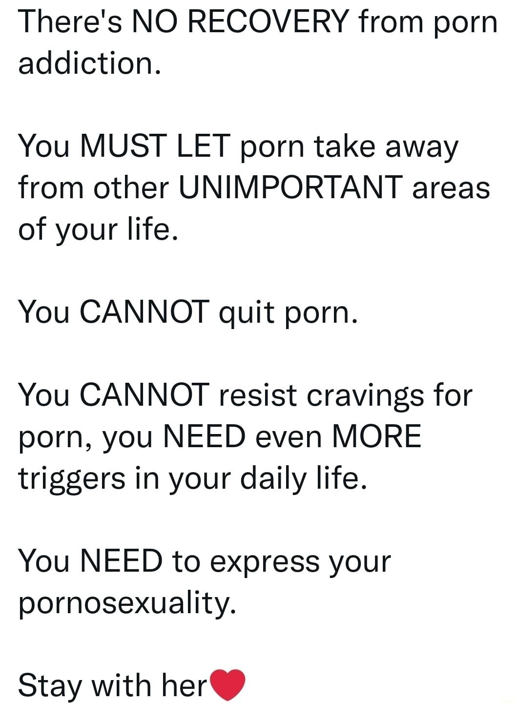 Theres NO RECOVERY from porn addiction You MUST LET porn take away from other UNIMPORTANT areas of your life You CANNOT quit porn You CANNOT resist cravings for porn you NEED even MORE triggers in your daily life You NEED to express your pornosexuality Stay with her