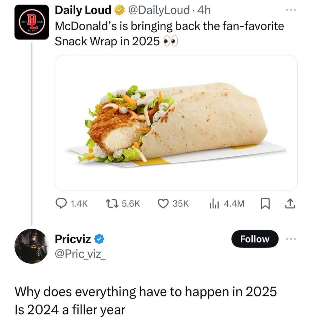 Daily Loud DailyLoud 4h McDonalds is bringing back the fan favorite Snack Wrap in 2025 Quak tAsek Q3K haam Pricviz Pric viz_ Why does everything have to happen in 2025 Is 2024 afiller year