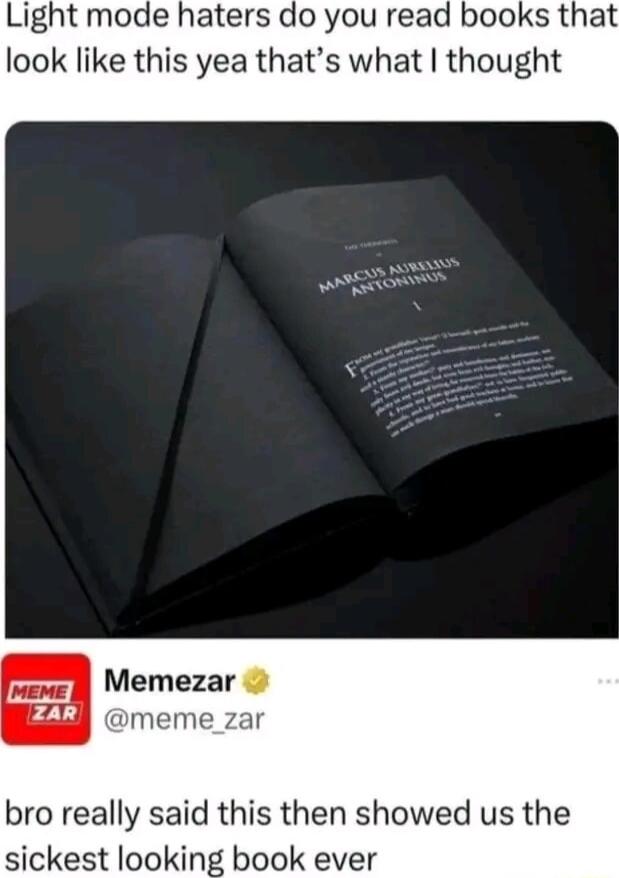 Light mode haters do you read books that look like this yea thats what thought Memezar mer bro really said this then showed us the sickest looking book ever