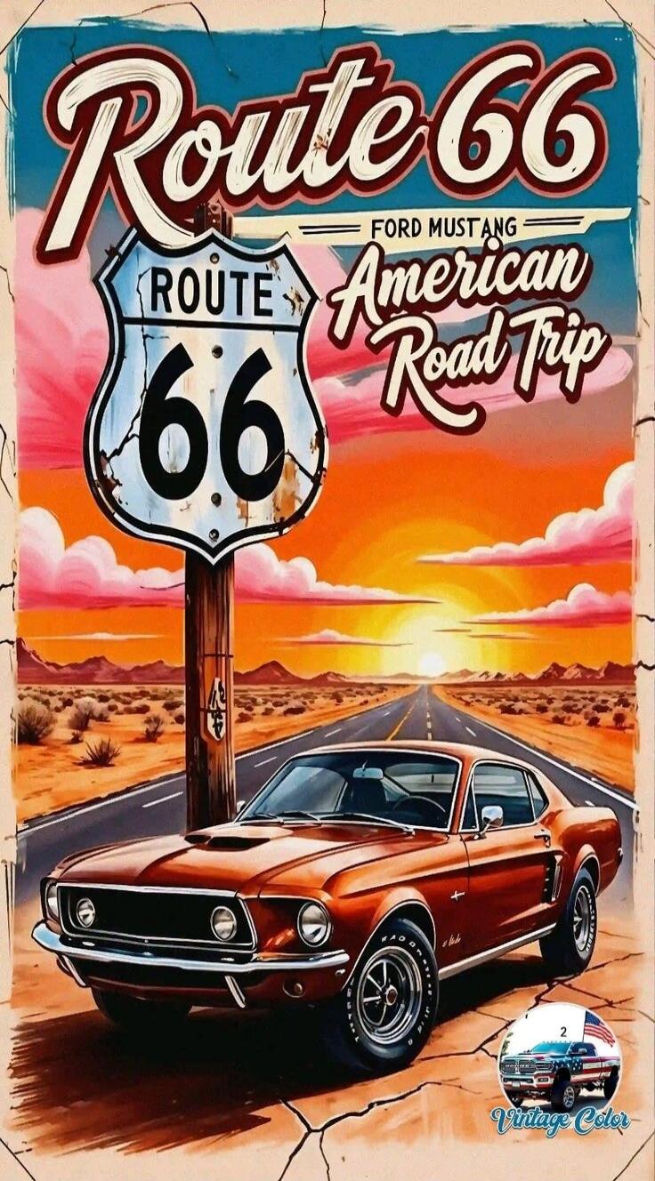 Route 66 Ford Mustang American Road Trip ROUTE 66 shield sign