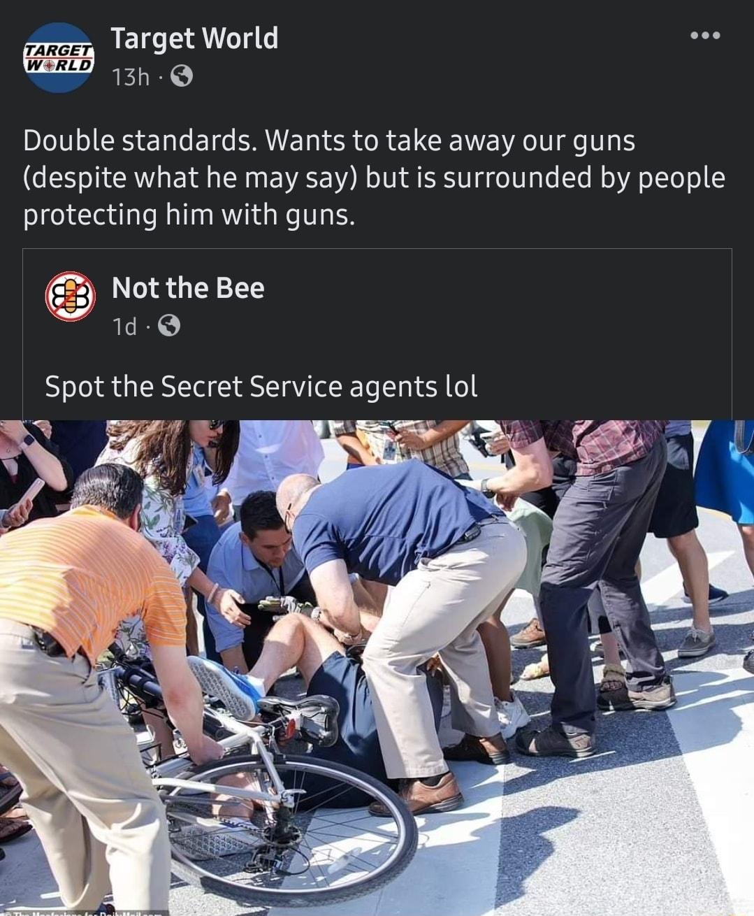 Target World Double standards Wants to take away our guns L RV EN CR N EVAEN DR o RV 14 o0 o To M o YA o1To o 2 protecting him with guns