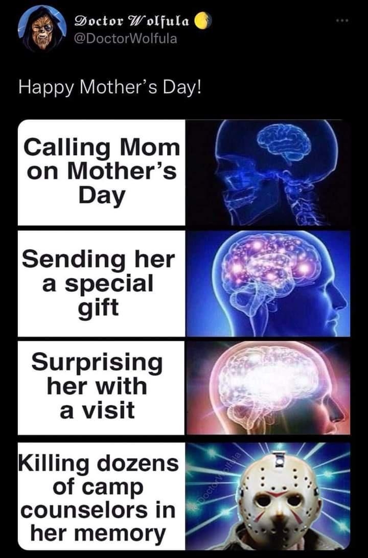 A 4y Doctor Wolfula v DoctorWol i i FYo oA Vileda T A DLV Calling Mom on Mothers Day Sending her a special gift Surprising her with a visit Killing dozens of camp counselors in her memory Twitter for Mac