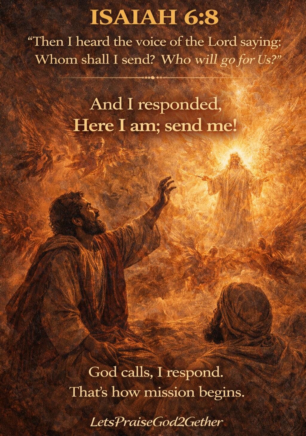 ISAIAH 6:8
“Then I heard the voice of the Lord saying: Whom shall I send? Who will go for Us?”

And I responded, Here I am; send me!

God calls, I respond. That’s how mission begins.
LetsPraiseGod2Getter