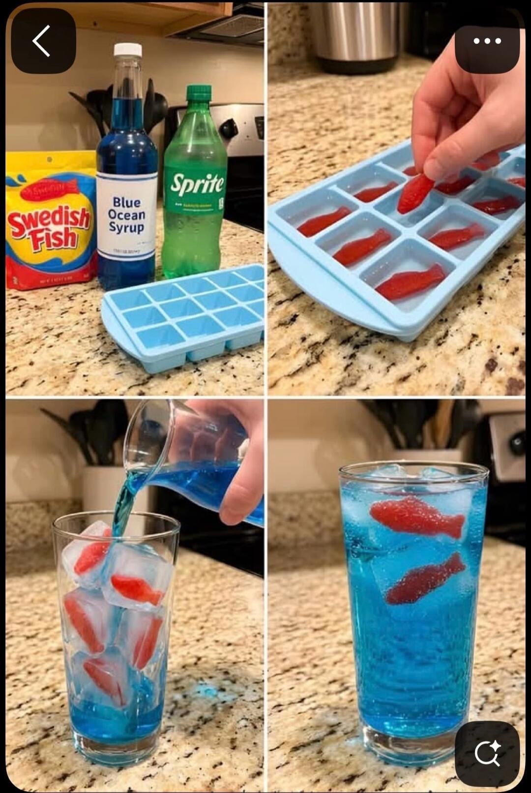 The image shows a step-by-step guide to making a fun drink. First, ingredients like Swedish Fish candy, Blue Ocean Syrup, and Sprite are displayed along with an ice cube tray. Then, Swedish Fish are placed into the ice cube tray. Next, a blue liquid is poured into a glass containing ice cubes with the candy. Finally, the finished blue drink with Sw