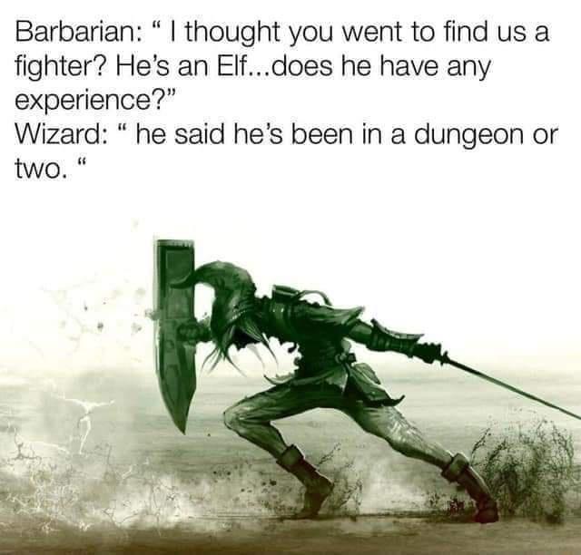 Barbarian thought you went to find us a fighter Hes an Elfdoes he have any experience Wizard he said hes been in a dungeon or two