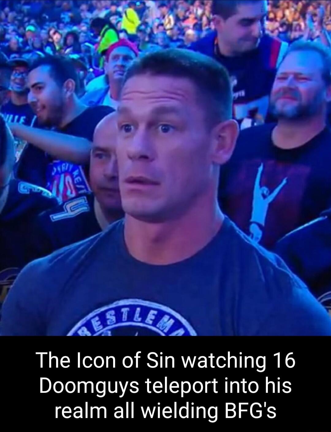 The Icon of Sin watching 16 Doomguys teleport into his realm all wielding BFGs