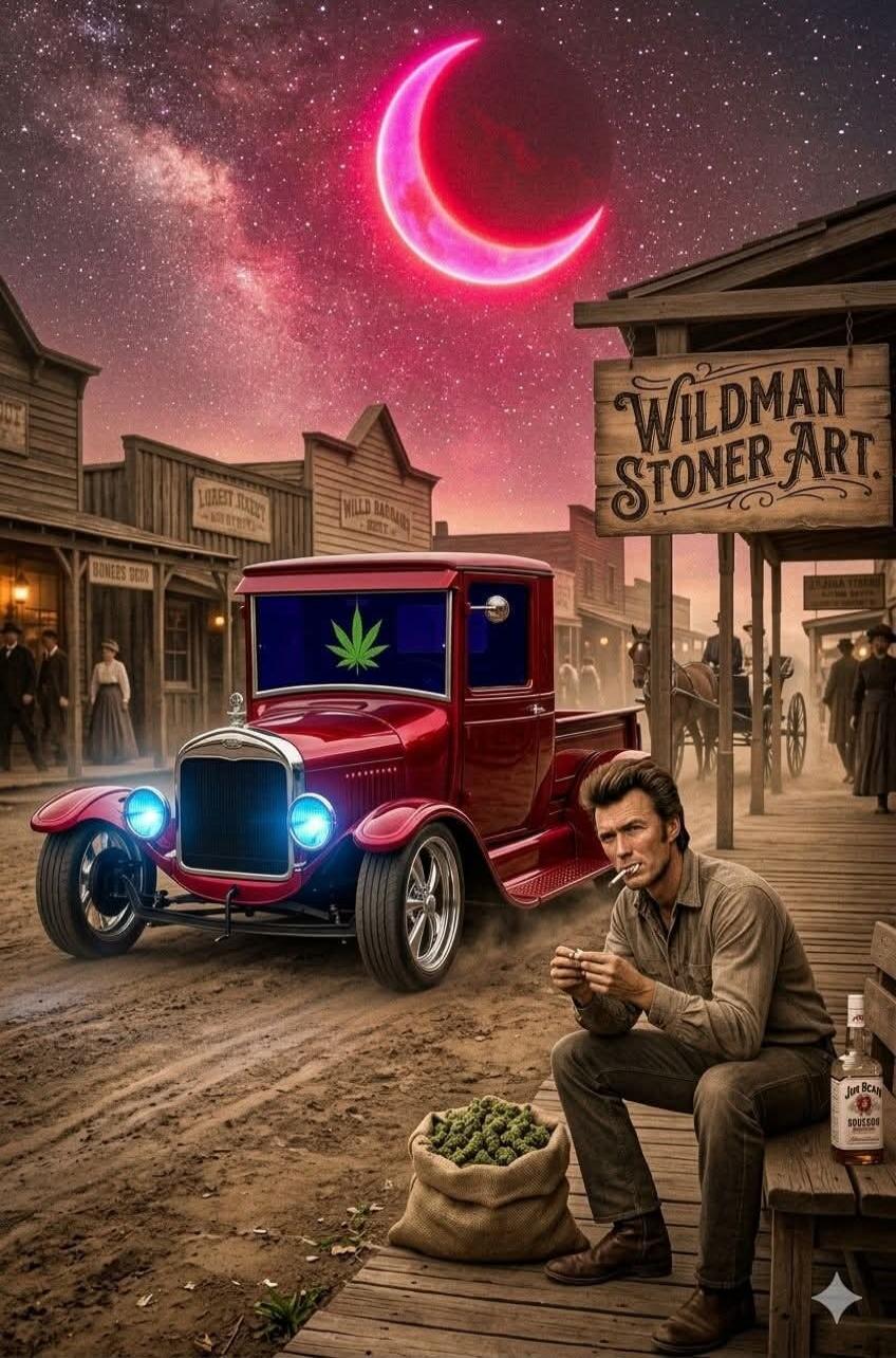 Wildman Stoner Art. Jim Bean Bourbon. A man resembling Clint Eastwood is smoking next to a sack of cannabis buds. A vintage red car with a cannabis leaf on the windshield is parked in an old Western town under a pink crescent moon.