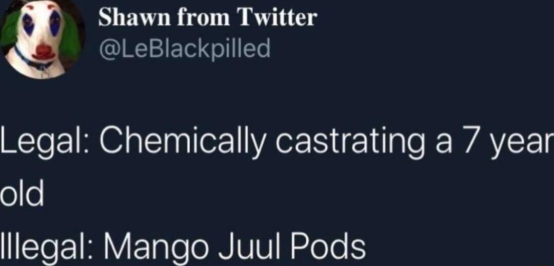 Shawn from Twitter LeBlackpilled Legal Chemically castrating a 7 year olfe lllegal Mango Juul Pods