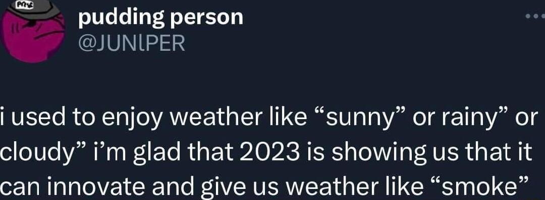 pudding person IV133 i used to enjoy weather like sunny or rainy or cloudy im glad that 2023 is showing us that it can innovate and give us weather like smoke