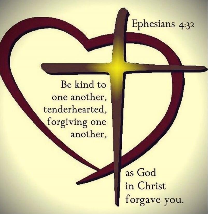 Ephesians 4:32 Be kind to one another, tenderhearted, forgiving one another, as God in Christ forgave you.