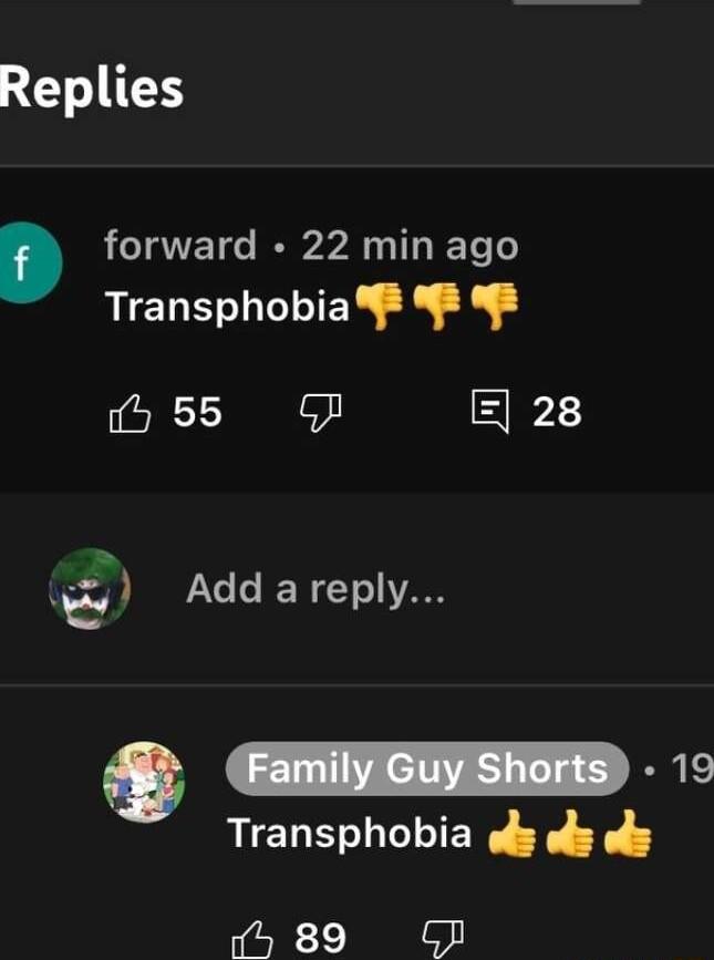 T I forward 22 min ago Transphobia 55 GF 28 E Add areply