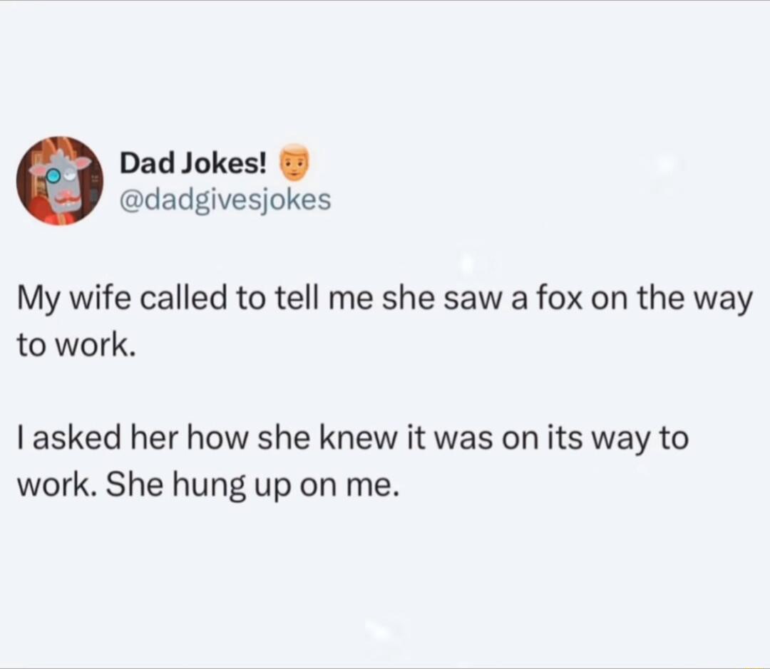 Dad Jokes dadgivesjokes My wife called to tell me she saw a fox on the way to work asked her how she knew it was on its way to work She hung up on me