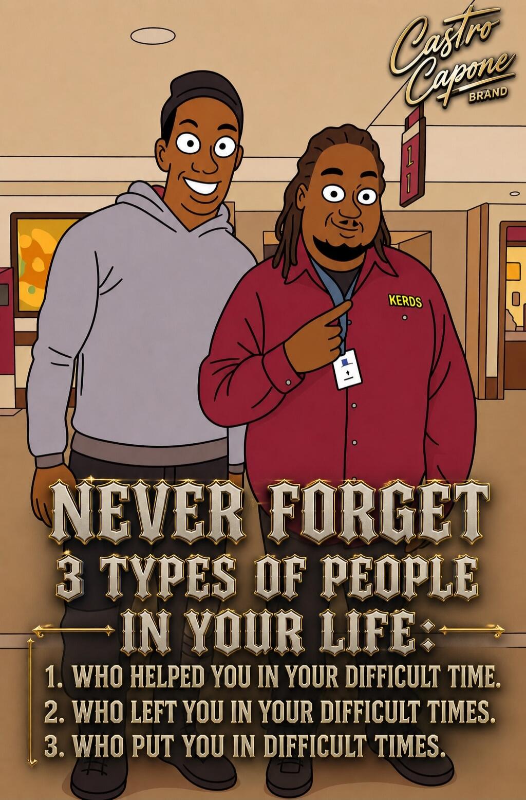 Castro Capone BRAND. KERDS. NEVER FORGET 3 TYPES OF PEOPLE IN YOUR LIFE: 1. WHO HELPED YOU IN YOUR DIFFICULT TIME. 2. WHO LEFT YOU IN YOUR DIFFICULT TIMES. 3. WHO PUT YOU IN DIFFICULT TIMES.