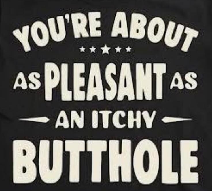 YOU'RE ABOUT AS PLEASANT AS AN ITCHY BUTTHOLE