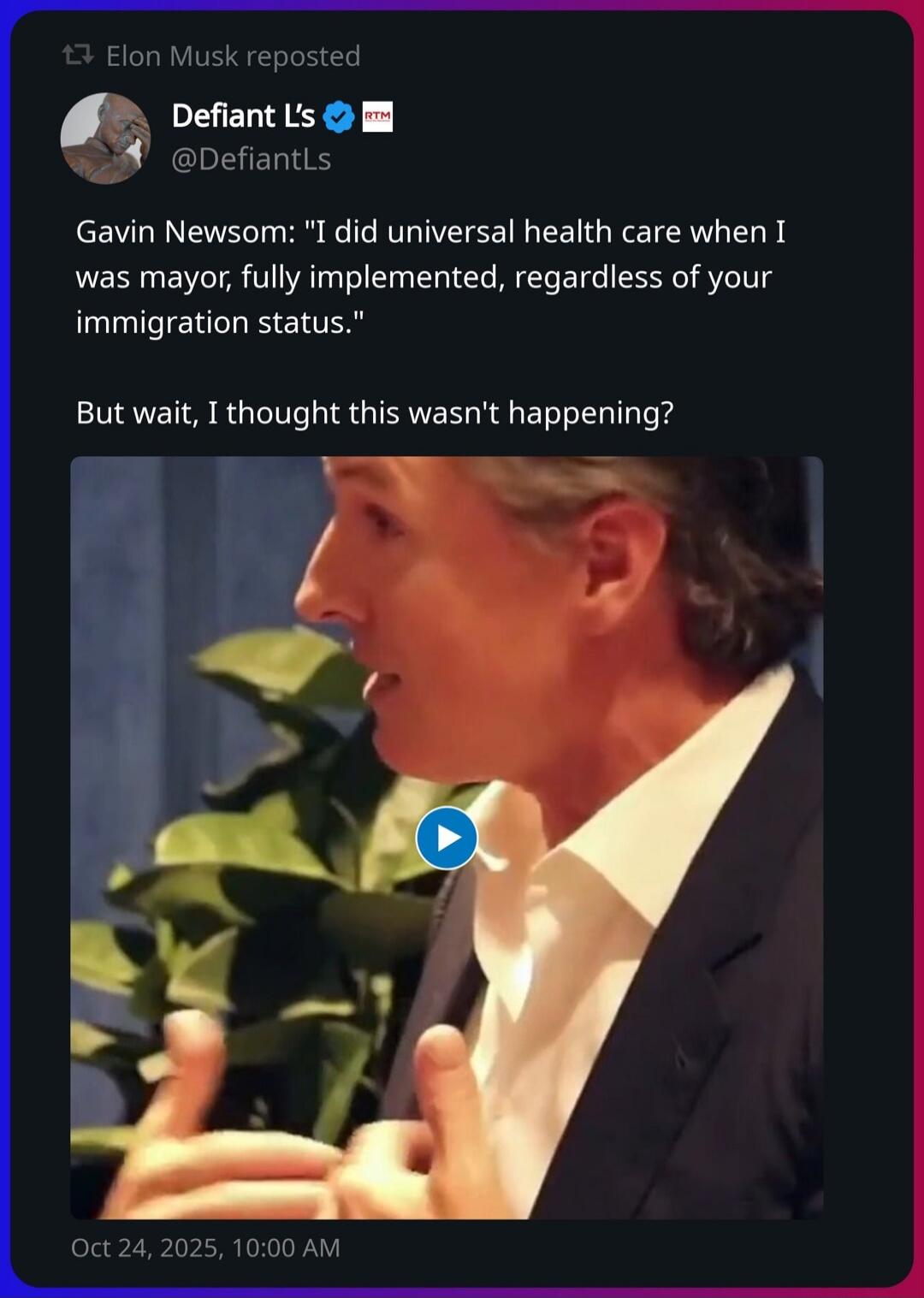 Elon Musk reposted
Defiant L's (@DefiantLs)
Gavin Newsom: 