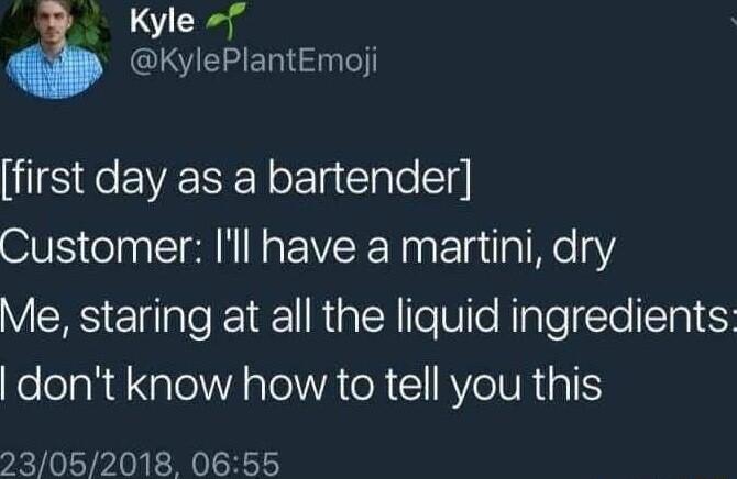 Kyle IS CHERE TN first day as a bartender Customer Il have a martini dry Me staring at all the liquid ingredients dont know how to tell you this 23052018 0655