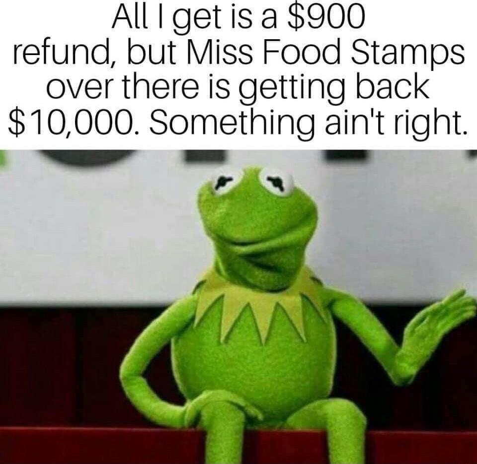 All I getis a 900 refund but Miss Food Stamps over there is getting back 10000 Something aint nght W N