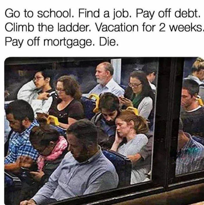 Go to school Find a job Pay off debt Climb the ladder Vacation for 2 weeks Pay off mortgage Die