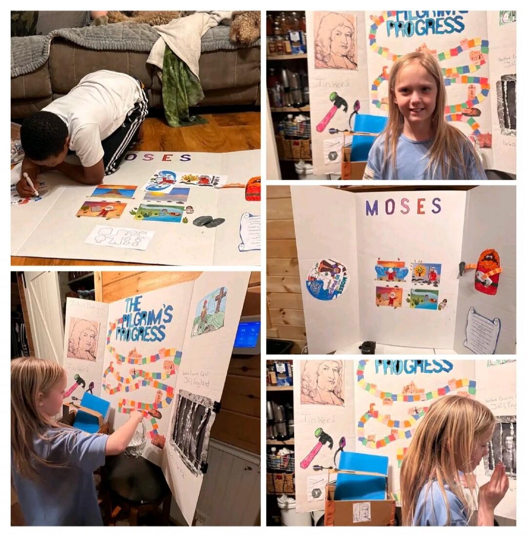 Children are working on school projects. One project is about Moses, featuring illustrations of his story. Another project is a board game based on 'The Pilgrim's Progress' by John Bunyan, showing elements like 'Tinker's' and 'Jail England' with dates 1660 and 1672.