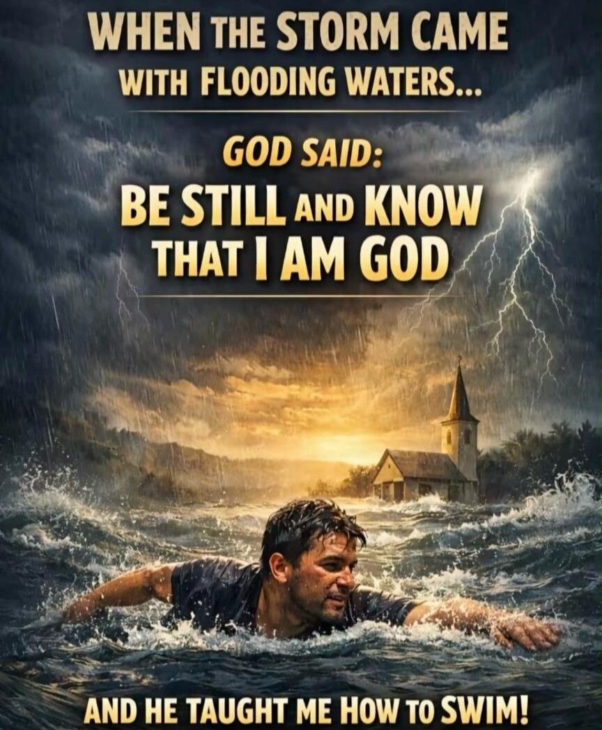 WHEN THE STORM CAME WITH FLOODING WATERS... GOD SAID: BE STILL AND KNOW THAT I AM GOD AND HE TAUGHT ME HOW TO SWIM!