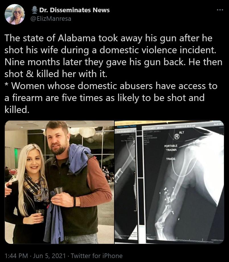 Q Dr Disseminates News 14 ERIET The state of Alabama took away his gun after he shot his wife during a domestic violence incident Nine months later they gave his gun back He then shot killed her with it Women whose domestic abusers have access to a firearm are five times as likely to be shot and killed 144 PM Jun 5 2021 Twitter for iPhone