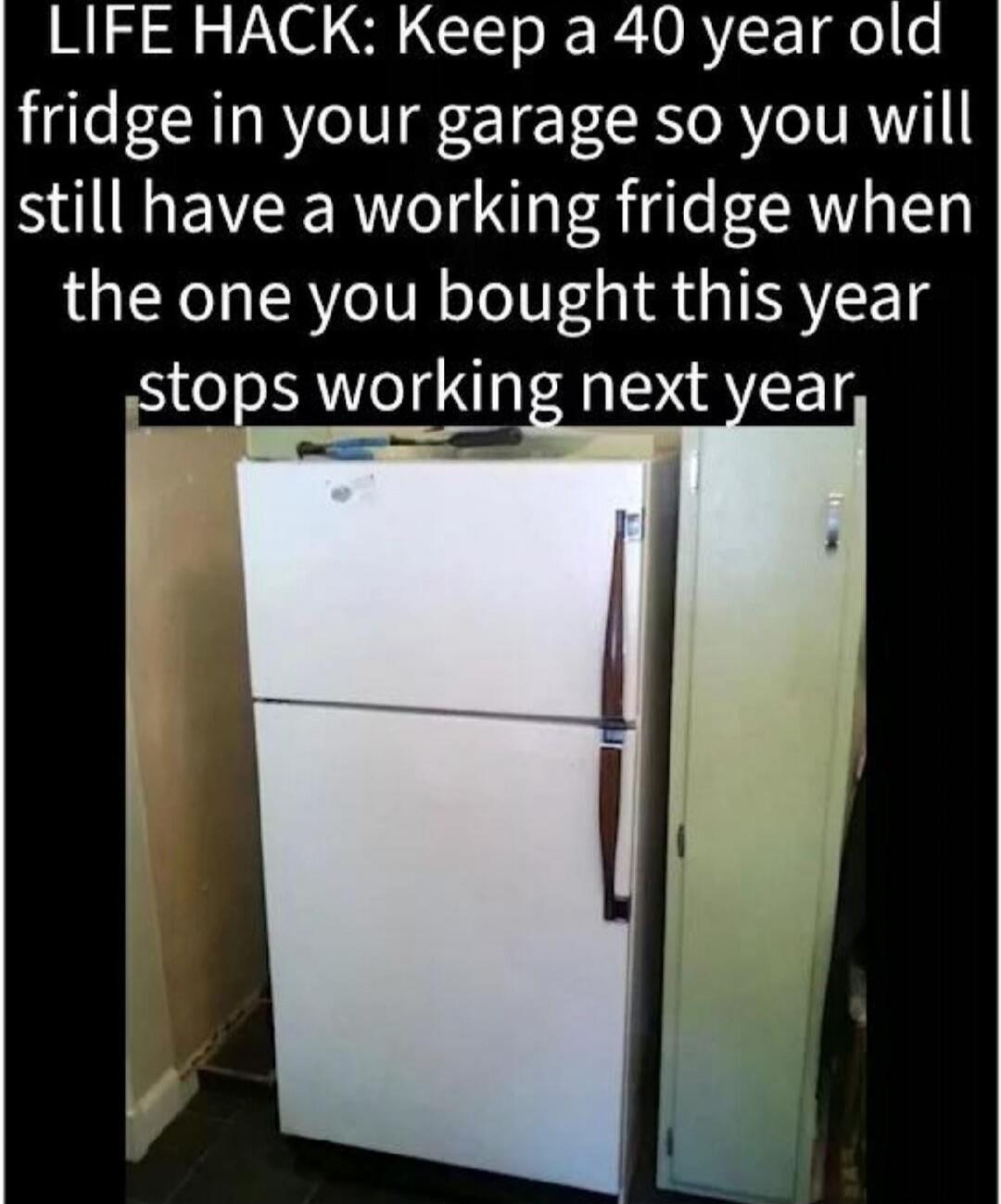 LIFE HACK: Keep a 40 year old fridge in your garage so you will still have a working fridge when the one you bought this year stops working next year.