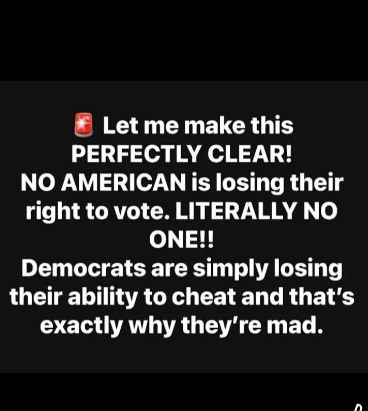 Let me make this PERFECTLY CLEAR! NO AMERICAN is losing their right to vote. LITERALLY NO ONE!! Democrats are simply losing their ability to cheat and that's exactly why they're mad.
