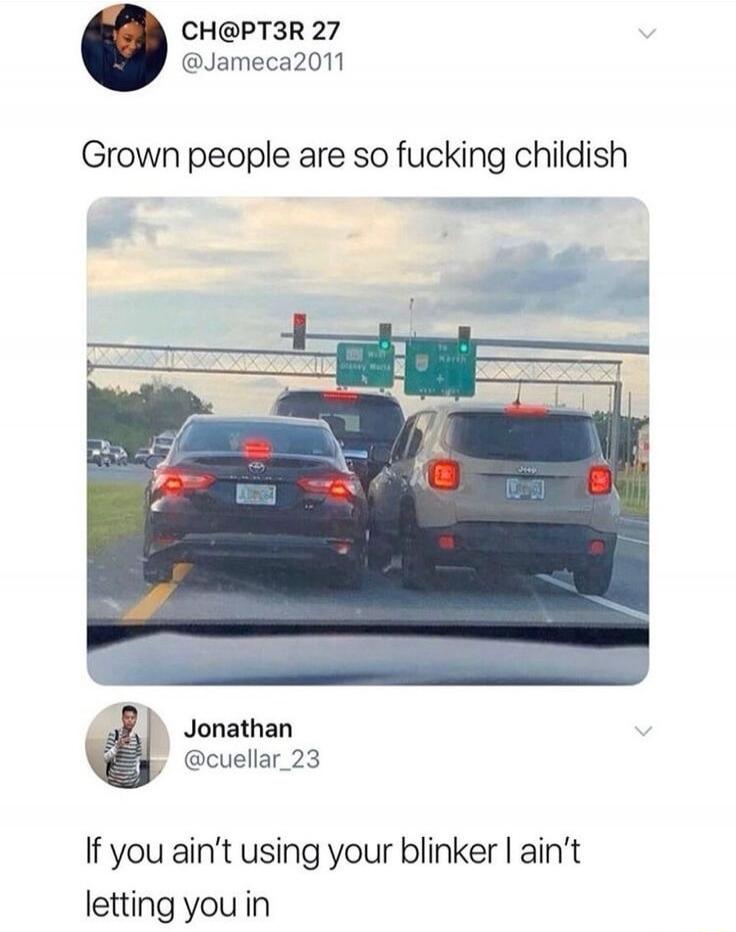 Grown people are so fucking childish
If you ain’t using your blinker I ain’t letting you in