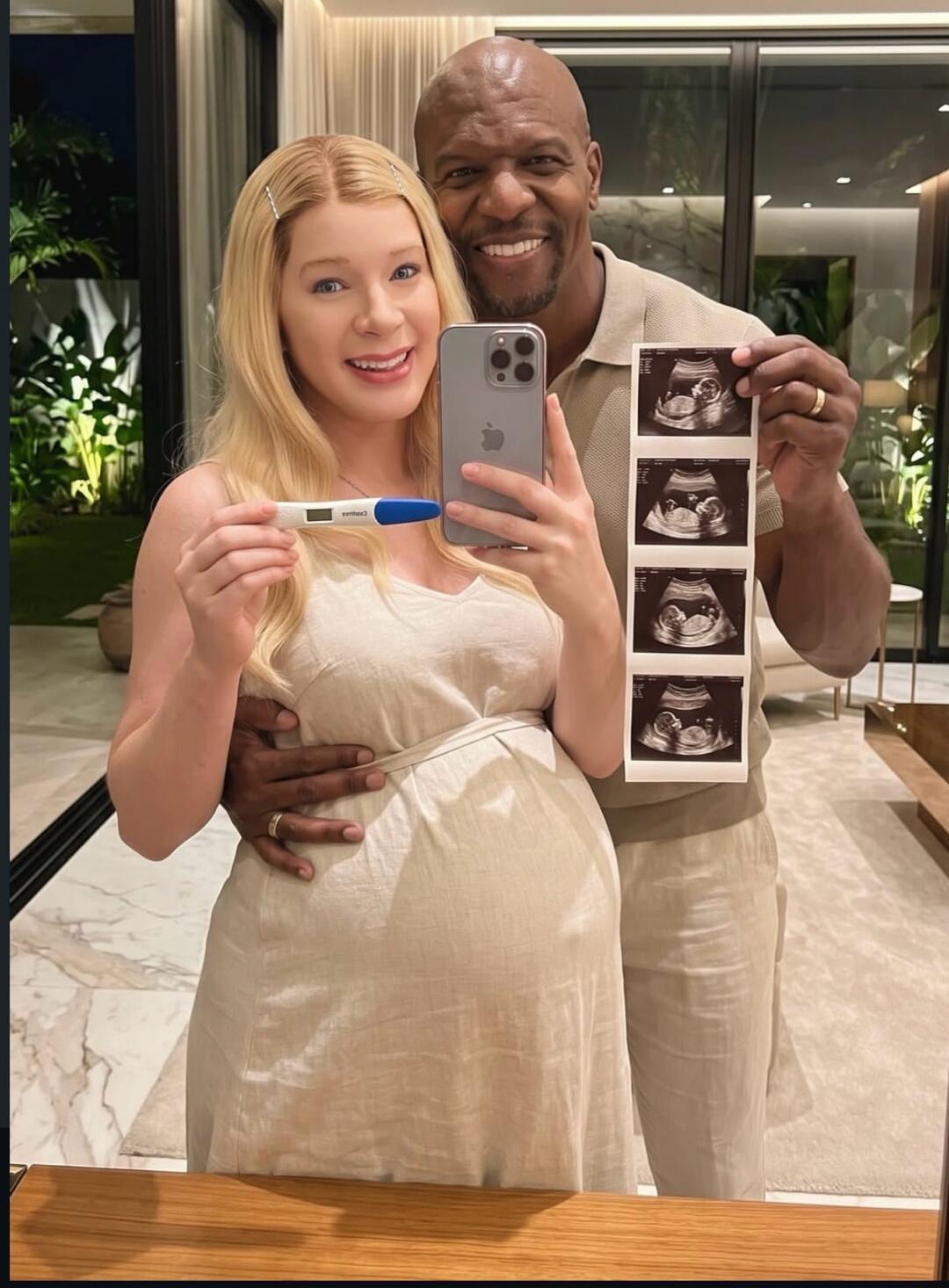 A happy couple, Terry Crews and his wife Rebecca King-Crews, announcing pregnancy. The woman is holding a positive pregnancy test, and the man is holding ultrasound images.