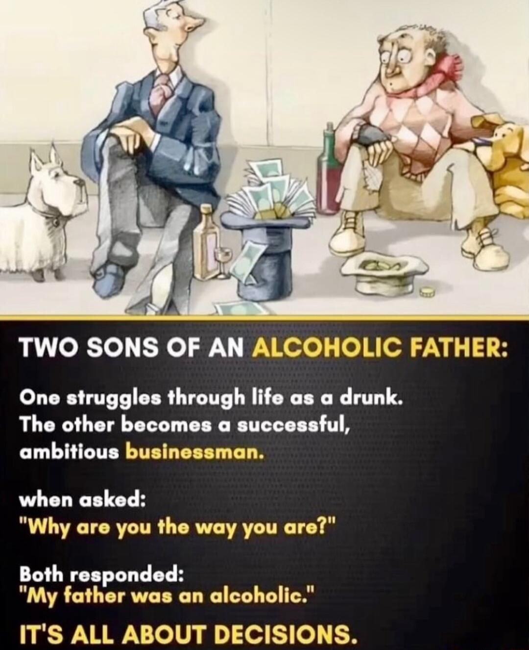 One struggles through life as a drunk The other becomes a successful ambitious businessman when asked Why are you the way you are Both responded My father was an alcoholic ITS ALL ABOUT DECISIONS