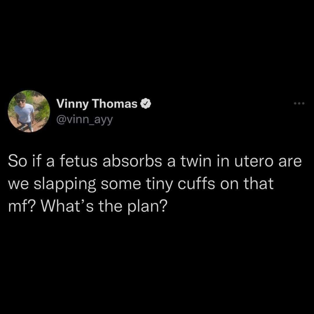 B OIALLERE Milala YY So if a fetus absorbs a twin in utero are we slapping some tiny cuffs on that mf Whats the plan