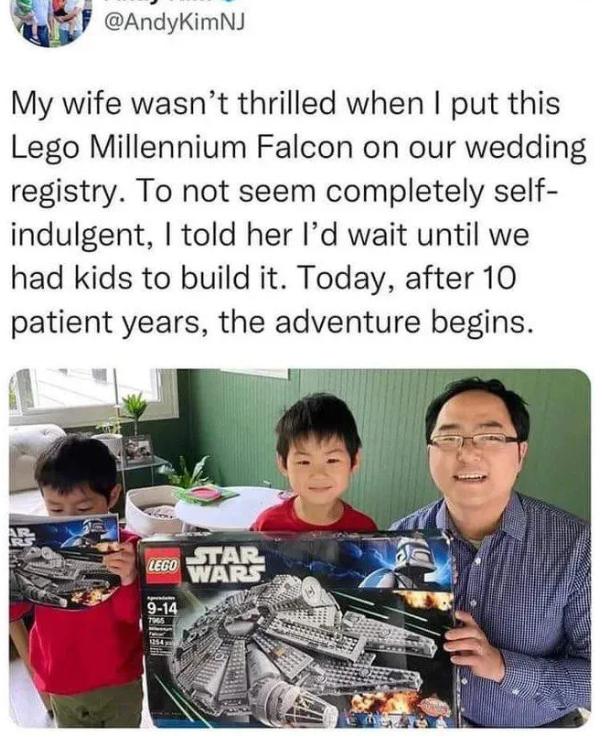 Andykimiy My wife wasnt thrilled when put this Lego Millennium Falcon on our wedding registry To not seem completely self indulgent told her Id wait until we had kids to build it Today after 10 patient years the adventure begins