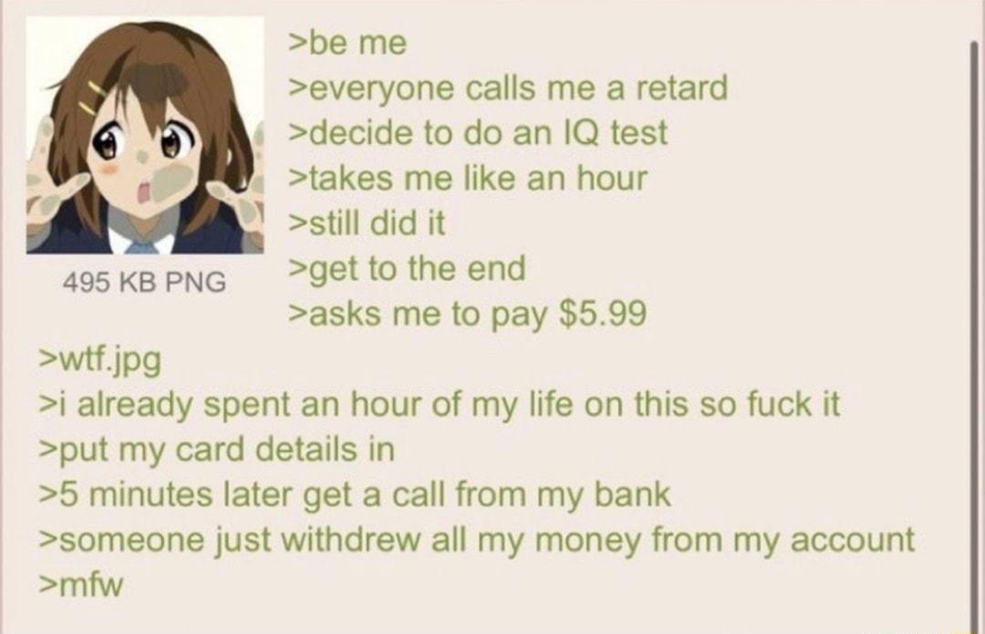 081022Wed020732 No69748948 be me everyone calls me a retard decide to do an IQ test takes me like an hour still did it wsxapNG getto the end asks me to pay 599 wifjpg i already spent an hour of my life on this so fuck it put my card details in 5 minutes later get a call from my bank someone just withdrew all my money from my account miw