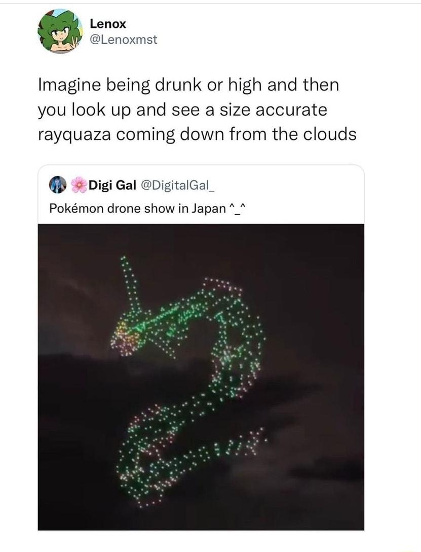 Imagine being drunk or high and then you look up and see a size accurate rayquaza coming down from the clouds Digi Gal DigitalGal Pokmon drone show in Japan