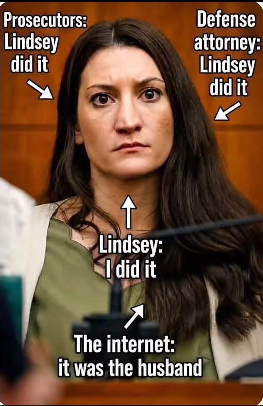 Prosecutors: Lindsey did it. Defense attorney: Lindsey did it. Lindsey: I did it. The internet: it was the husband.