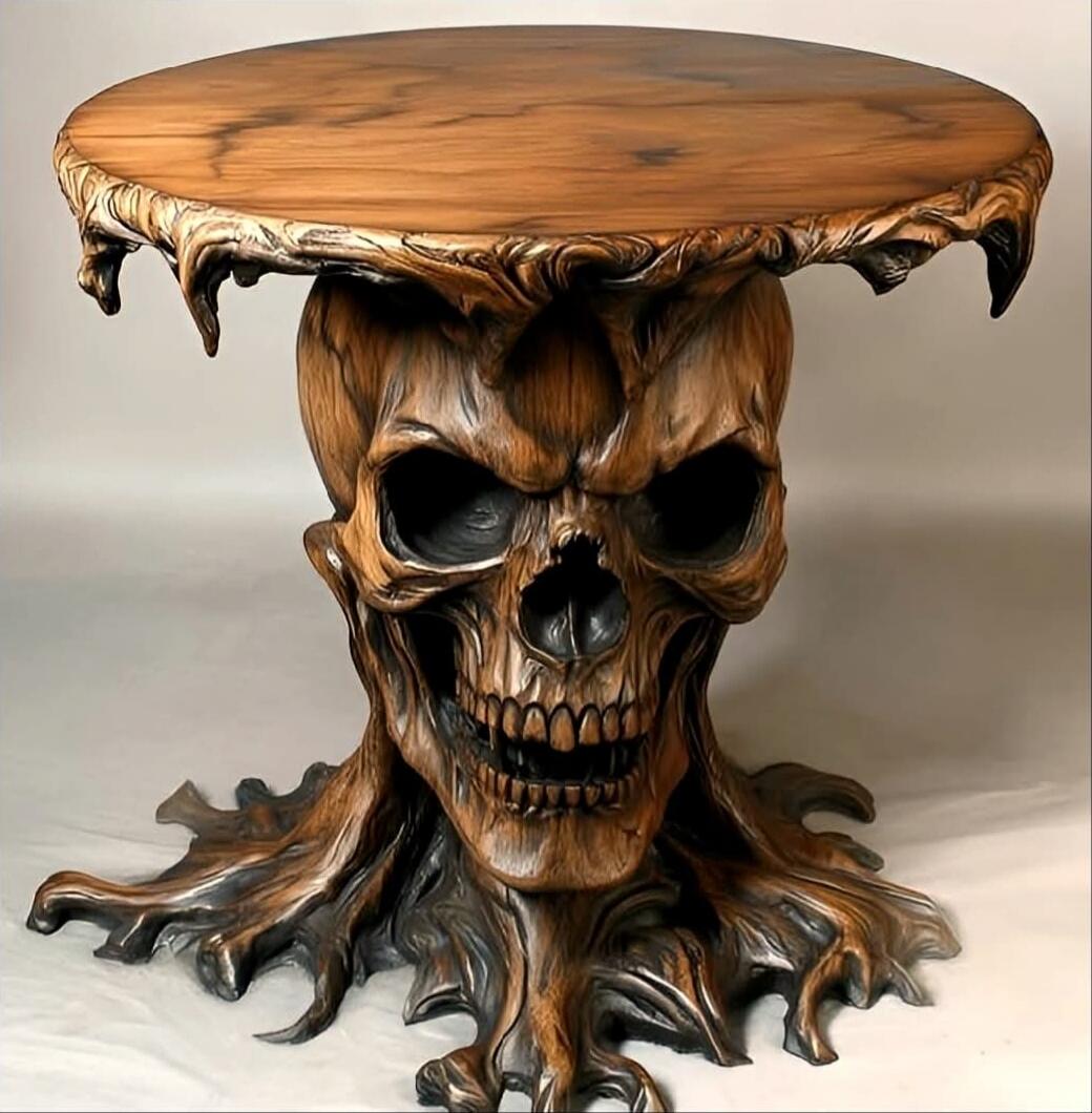 A wooden pedestal table with a skull-shaped base and root-like legs.