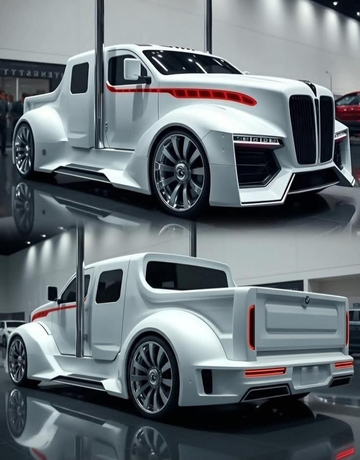 A futuristic custom white pickup truck with red accent stripes, featuring a distinctive front grille and sleek, large wheels. The image shows both front-side and rear-side views of the vehicle in what appears to be a showroom.