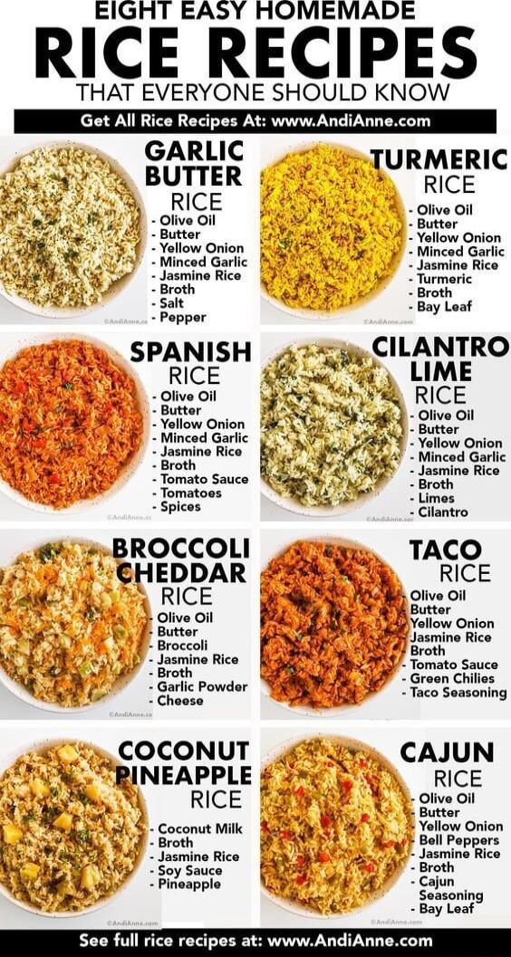 EIGHT EASY HOMEMADE RICE RECIPES THAT EVERYONE SHOULD KNOW GARLIC SOREK iiormentc RICE olive Ol Butter Yollow Onion Minced Garlic Jasmine Rice Broth salt Popper s CILANTRO SPANIH imir ime RICE WF Onion Mincod Garlic Jasmine Rice Broth Limes Cilantro BROCCOLI _aas TACO TF EHERCDEAR L RICE 1 AL b Olive Ol oo BORGRNCS 8 Jasmine Rico Tomato Sauco Tomatoes Spices Broth Tomato Sauce Groen Chilies Chosse