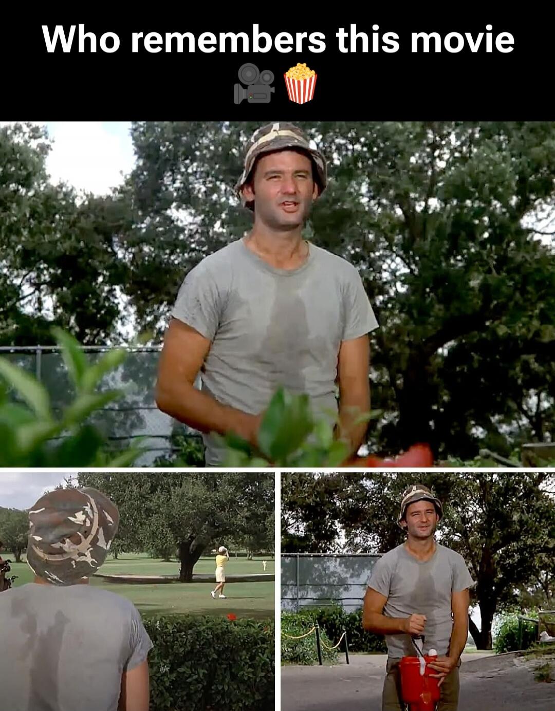 Who remembers this movie? A man, Carl Spackler, from the movie Caddyshack, is shown in three different scenes. In the main image, he is sweaty, wearing a bucket hat and a grey t-shirt, looking somewhat bewildered. In the bottom left, he is seen from behind, watching a woman play golf on a green course. In the bottom right, he is smiling, holding a 