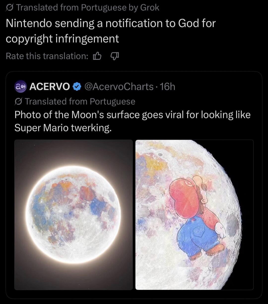 Nintendo sending a notification to God for copyright infringement. Photo of the Moon's surface goes viral for looking like Super Mario twerking.