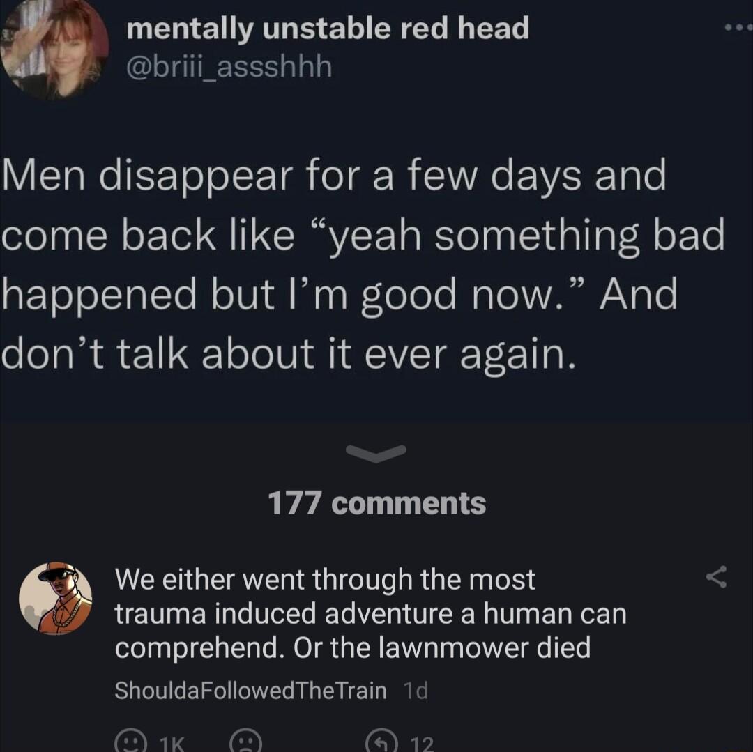 LENTE AT S S R L T LIIREERS Y TTl ol T el R Ao EVARTao come back like yeah something bad ETololTatTe l olUi Wy g IeloTo Ma oI AR ANs e dont talk about it ever again 177 comments L3 We either went through the most LETERGTELEL N RN ER TN comprehend Or the lawnmower died ShouldaFollowedTheTrain 1d