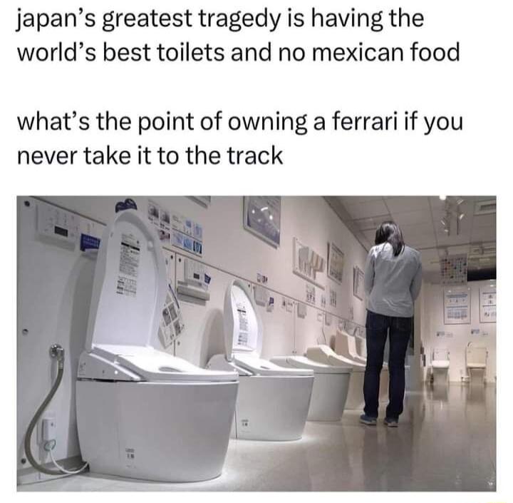 japans greatest tragedy is having the worlds best toilets and no mexican food whats the point of owning a ferrari if you never take it to the track