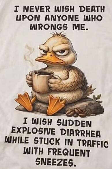 I never wish death upon anyone who wrongs me. I wish sudden explosive diarrhea while stuck in traffic with frequent sneezes.