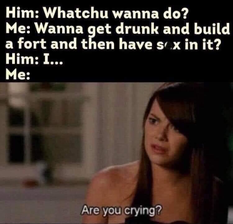 Him: Whatchu wanna do? Me: Wanna get drunk and build a fort and then have s*x in it? Him: I... Me: Are you crying?