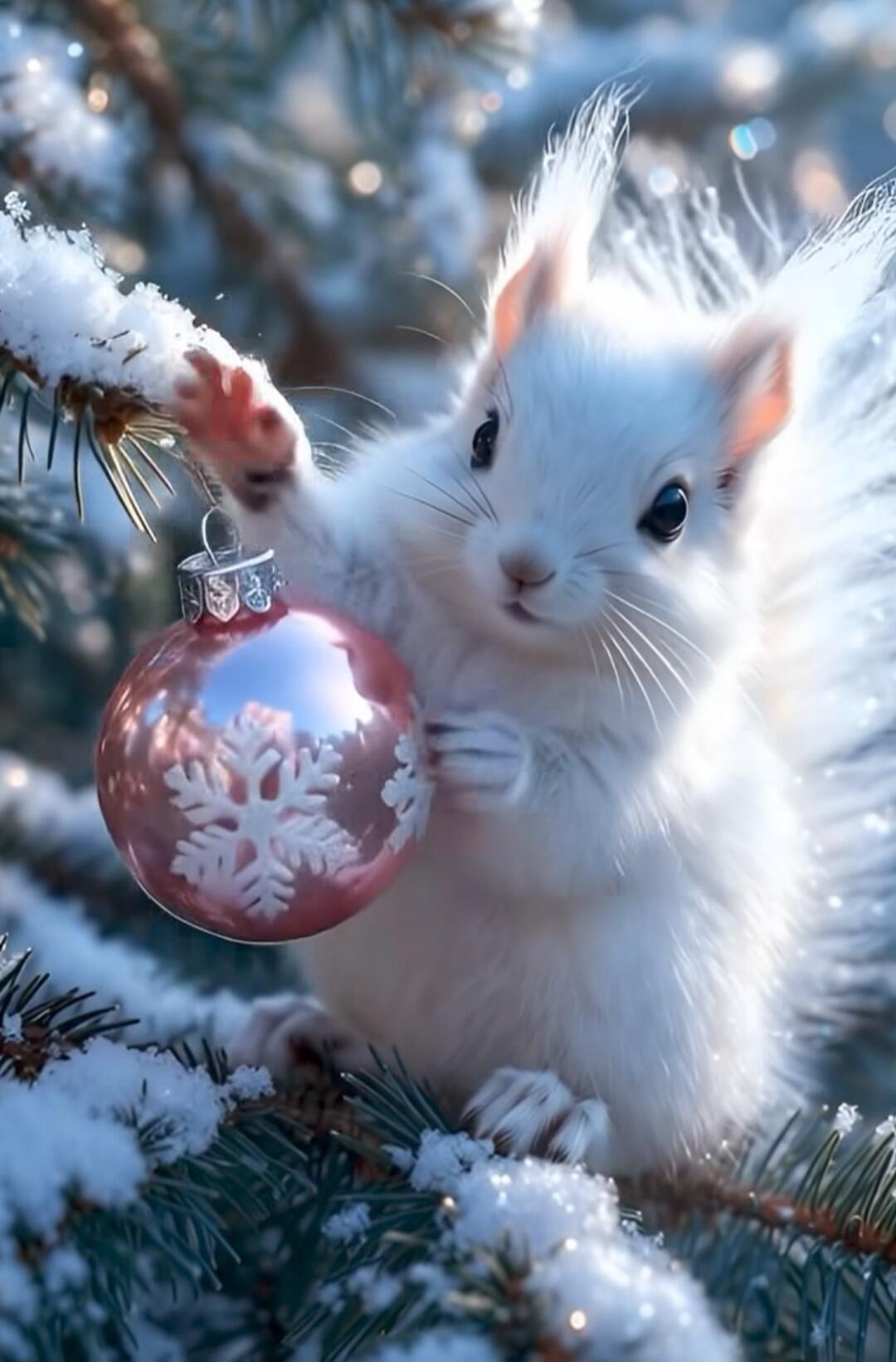 A white fluffy animal (squirrel) holding a pink Christmas ornament on a snow-covered evergreen branch.