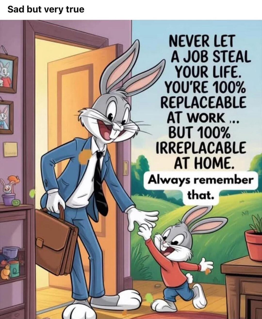 Sad but very true NEVER LET A JOB STEAL YOUR LIFE. YOU'RE 100% REPLACEABLE AT WORK ... BUT 100% IRREPLACEABLE AT HOME. Always remember that.