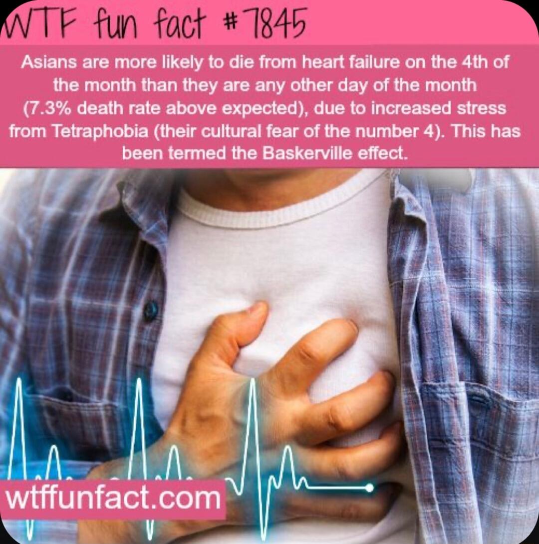 Asians are more likely to die from heart failure on the 4th of the month than they are any other day of the month 73 death rate above expected due to increased stress from Tetraphobia their cultural fear of the number 4 This has wiffuinfactcom iV